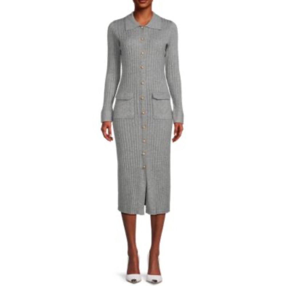 Nanette Lepore Ribbed Knit Collared Button gray Midi Dress S classic body con